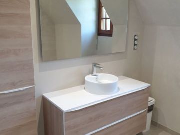 Zoom sur la rénovation d'une salle de bain : Meuble vasque couleur bois clair, douche en 160 et faïence 20 x 60